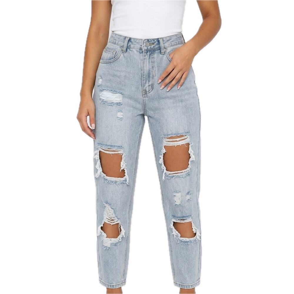 White Fox Light Wash High Rise Distressed Denim Straight Mom Jeans Size S 26"